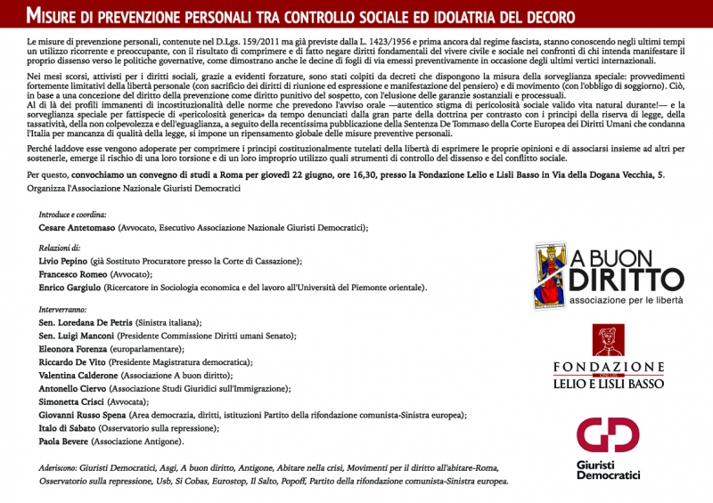 Misure di prevenzione personali tra controllo sociale ed idolatria del decoro – convegno