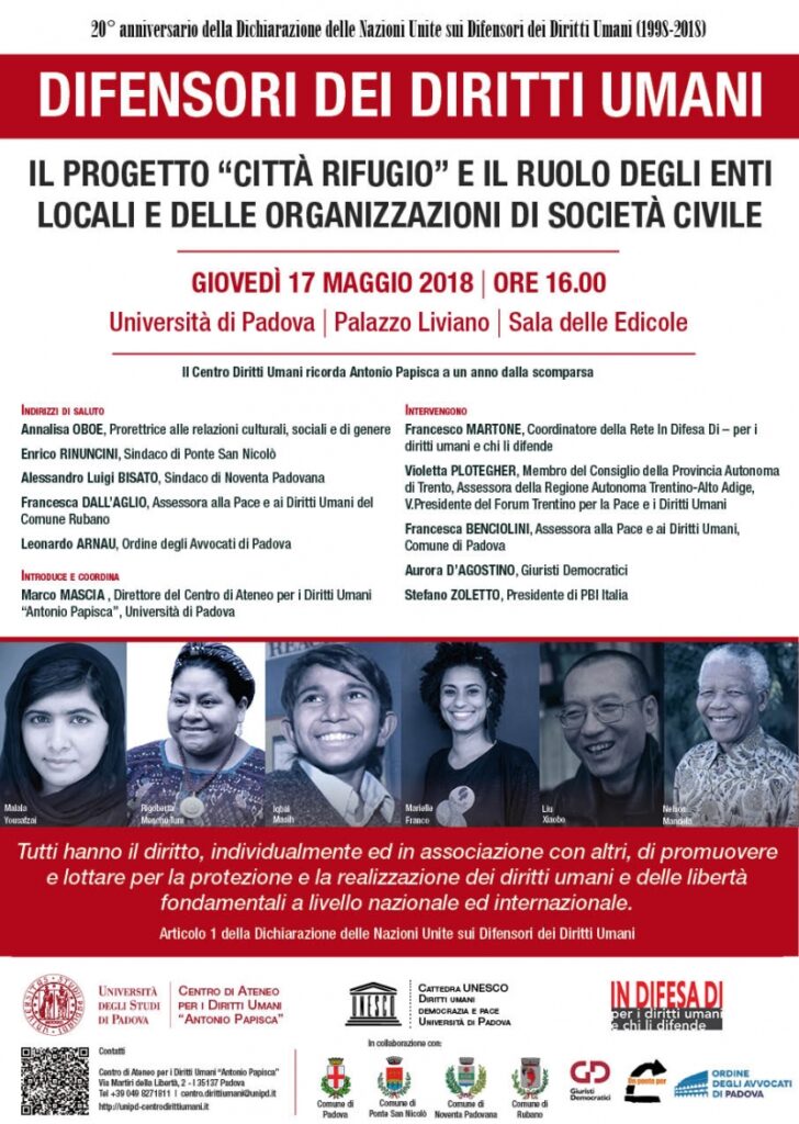 Difensori dei Diritti Umani: il progetto “città rifugio” – Padova, 17.5.’18