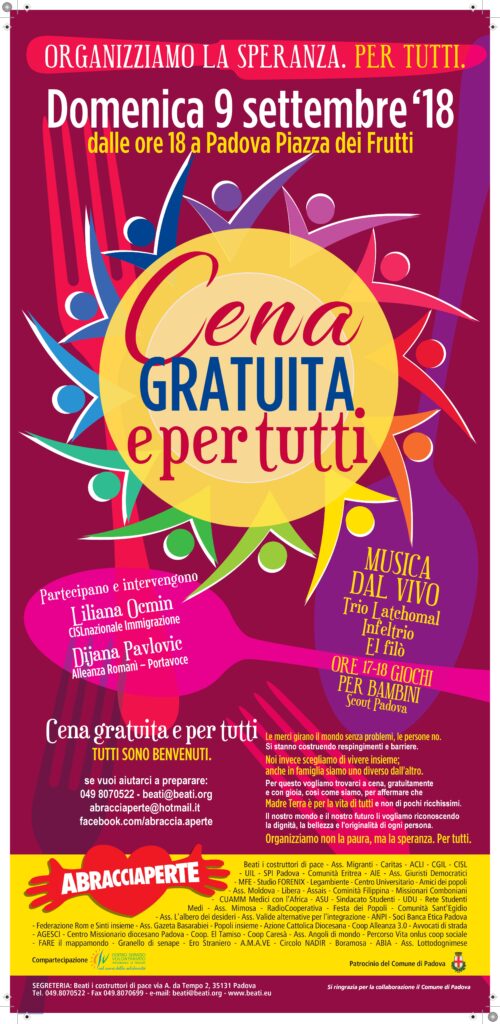 Padova, 9 settembre 2018 – I Giuristi Democratici partecipano alla Cena gratuita e per tutti