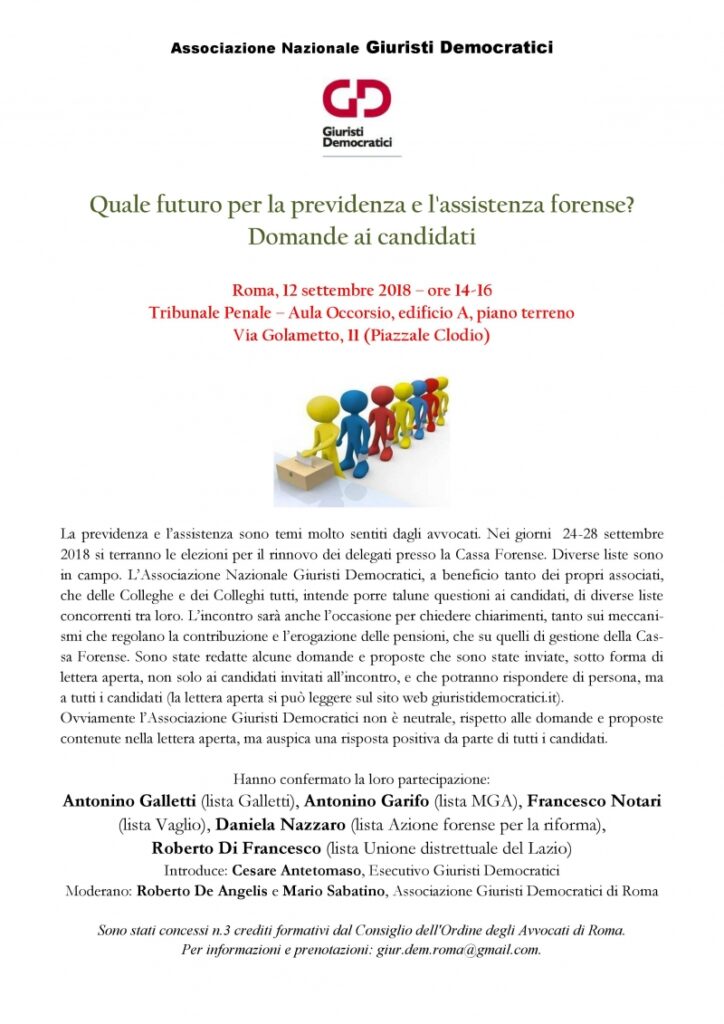 Quale futuro per la previdenza e l’assistenza forense? Domande ai candidati – Roma, 12.9.’18