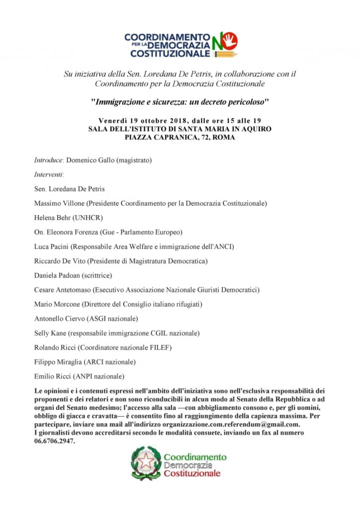 I Giuristi Democratici al convegno: IMMIGRAZIONE E SICUREZZA: UN DECRETO PERICOLOSO, organizzato dal Coordinamento per la Democrazia Costituzionale, venerdì 19 ottobre 2018, ore 15 a Roma