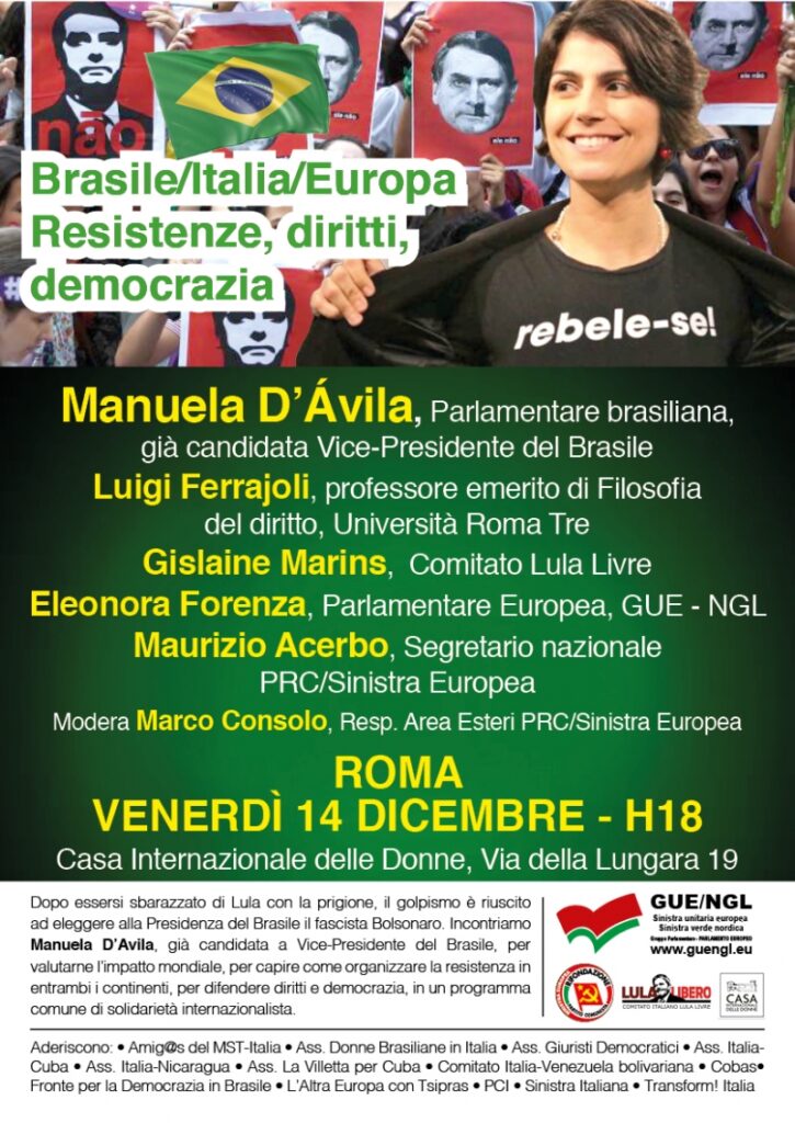 I G.D. aderiscono alle iniziative “Brasile/Italia/Europa – Resistenze, diritti, democrazia” di Napoli (13.12.’18) e Roma (14.12.’18)
