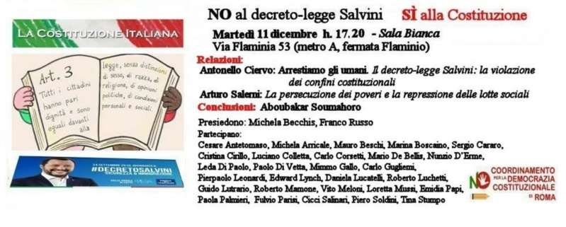 No al Decreto-legge Salvini, Sì alla Costituzione – Roma, 11.12.’18, ore 17,20