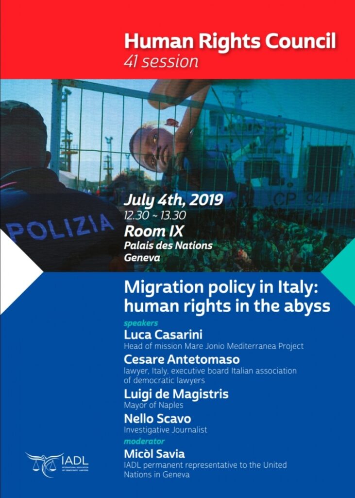 Ginevra, Onu, 4.7.2019, ore 12,30: Migration policy in Italy: human rights in the abyss