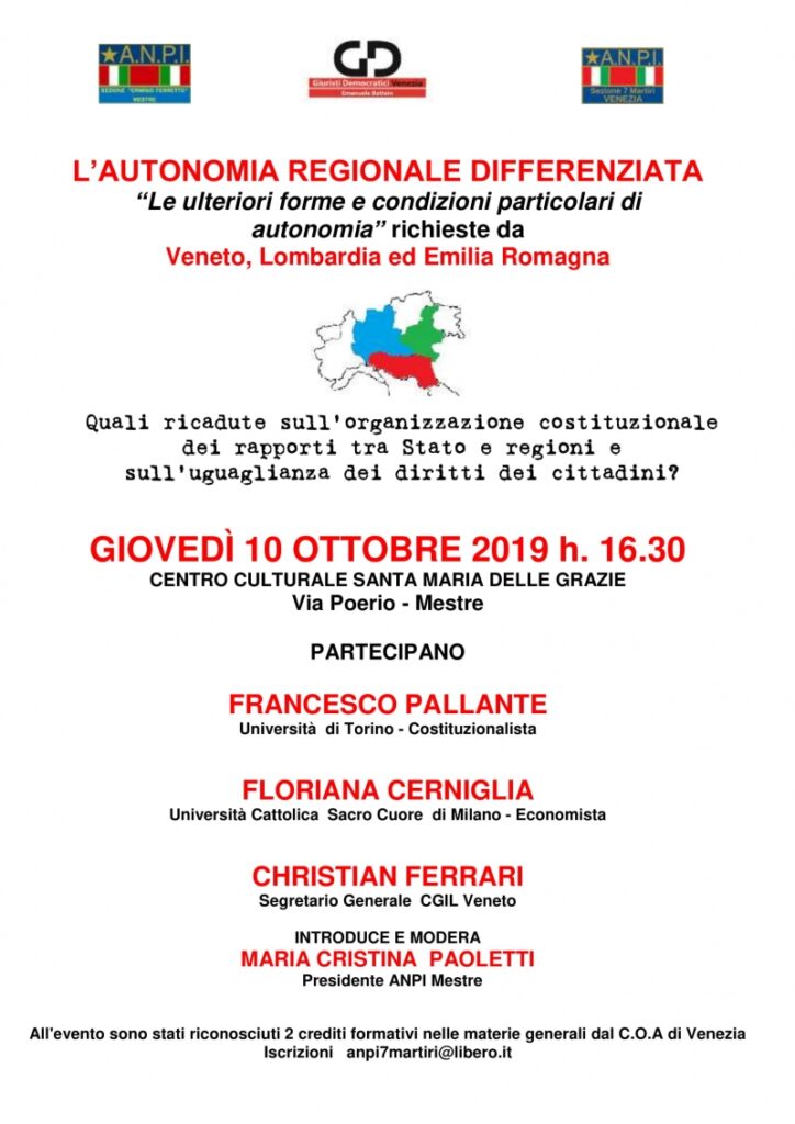 Venezia, giovedì 10 ottobre 2019, ore 16,30: Convegno sull’autonomia regionale differenziata