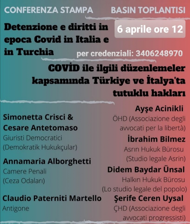Lun. 6.4, ore 12, videoconferenza stampa: Detenzione e diritti all’epoca del COVID-19 in Italia e in Turchia
