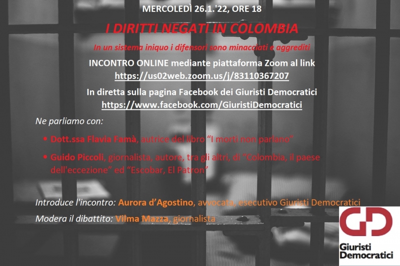 Mer. 26.1.’22, ore 18, incontro online: I DIRITTI NEGATI IN COLOMBIA