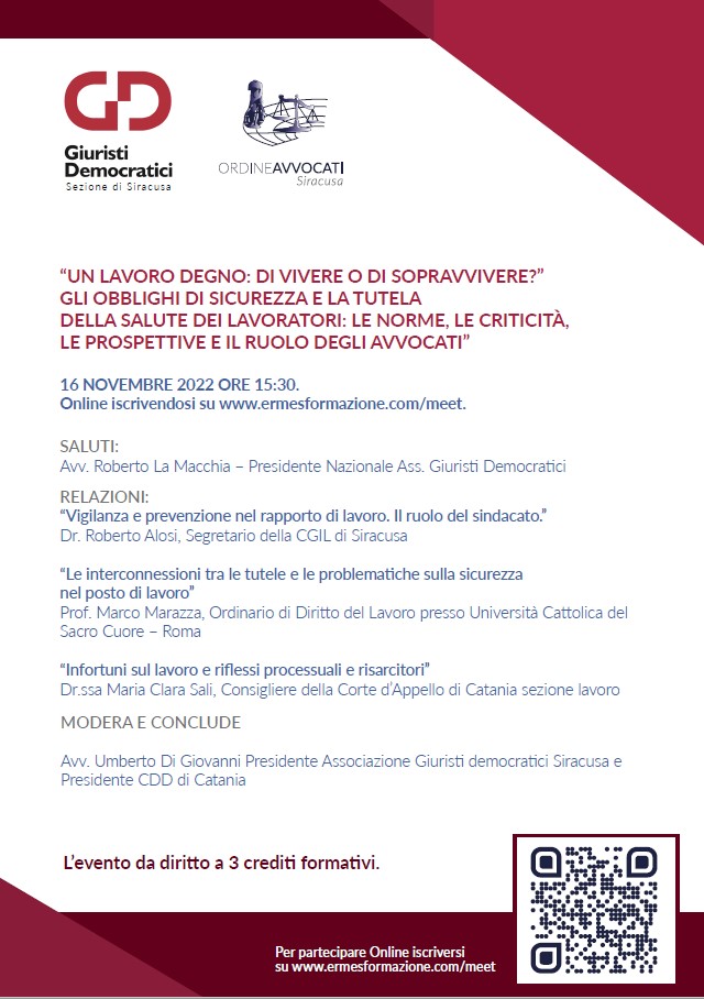 Mer. 16.11, ore 15,30, convegno online: “Un lavoro degno: di vivere o di sopravvivere?”
