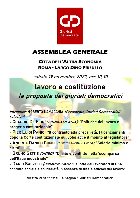 Sab. 19.11, ore 10,30, Roma: LAVORO E COSTITUZIONE – LE PROPOSTE DEI GIURISTI DEMOCRATICI