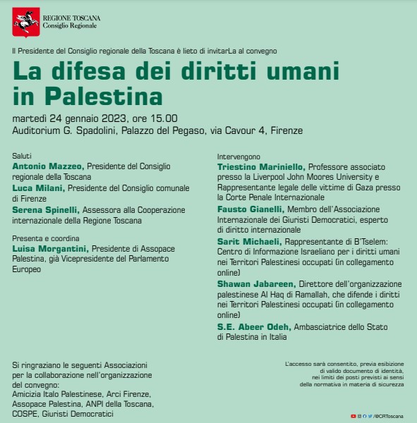 Firenze, mar. 24.1.’23, ore 15: LA DIFESA DEI DIRITTI UMANI IN PALESTINA