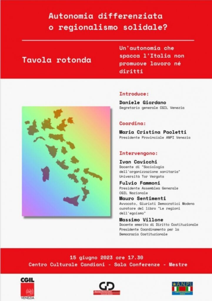 15.6.’23, Venezia: AUTONOMIA DIFFERENZIATA O REGIONALISMO SOLIDALE?