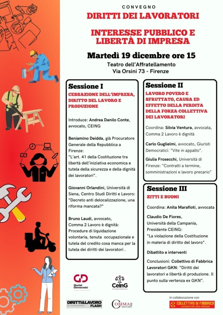 Firenze, mar. 19.12.’23, ore 15: Diritti dei lavoratori – Interesse pubblico e libertà di impresa