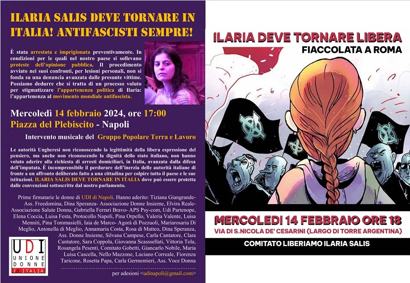 Mercoledì 14 febbraio manifestazioni per Ilaria Salis a Roma e a Napoli