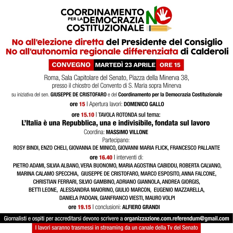Mar. 23.4, ore 15, Roma: No all’elezione diretta del Presidente del Consiglio, No all’autonomia differenziata