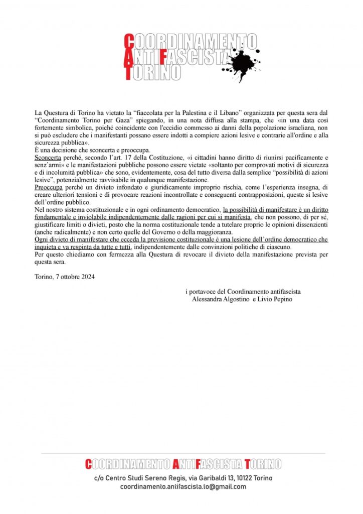 Continuano i divieti ideologici delle Questure. Il 7 ottobre a Torino non si può manifestare per la Palestina e il Libano
