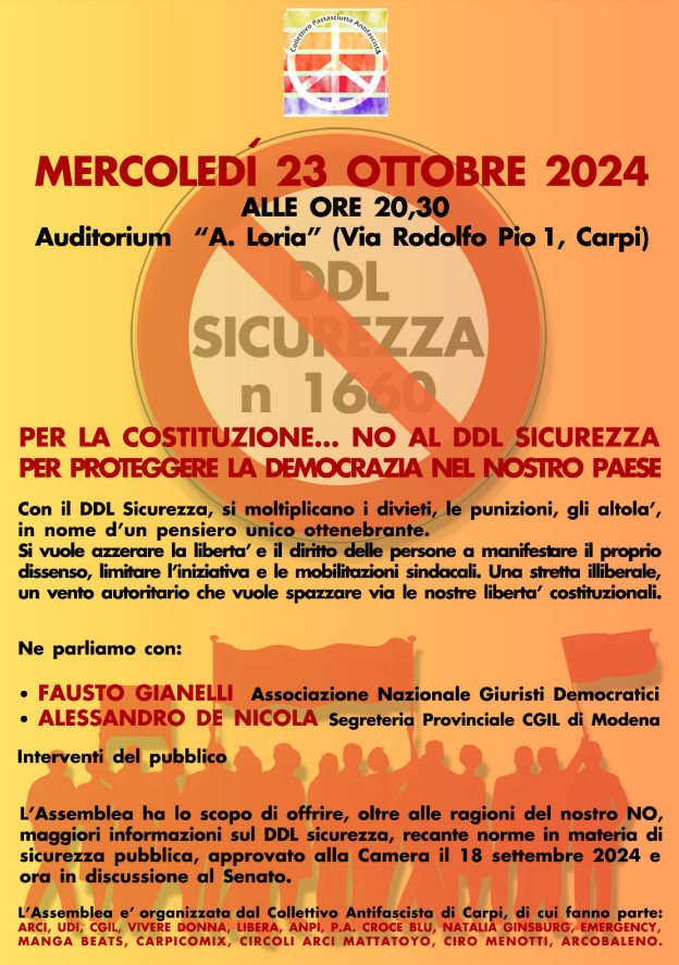 Carpi, mer. 23.10.’24, ore 20,30: PER LA COSTITUZIONE: NO AL DDL SICUREZZA PER PROTEGGERE LA DEMOCRAZIA NEL NOSTRO PAESE